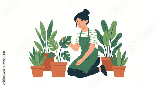 Woman kneeling among potted plants
