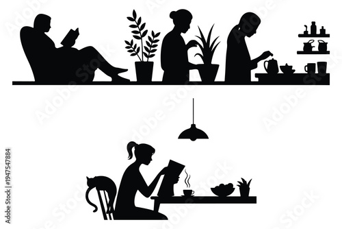 Silhouettes of people reading and drinking tea in a cafe setting