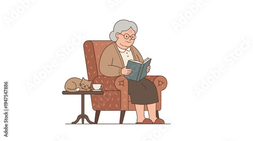 Elderly woman reading a book sitting in armchair