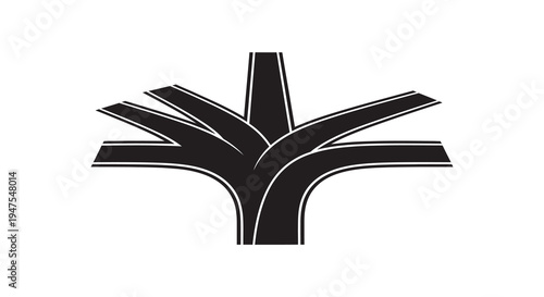 A striking black graphic depicts a stylized tree form resembling roots or branches silhouette high quality