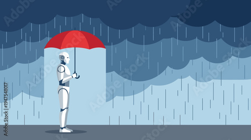 AI Robot Holding Red Umbrella in Rain, Artificial Intelligence Protection and Security Concept Illustration