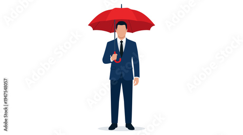 Businessman in a Blue Suit Holding a Large Red Umbrella for Protection and Insurance Concept Illustration - Flat Vector Design