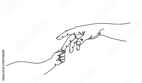 Continuous line drawing parent and baby hands touching symbol of care trust and family connection