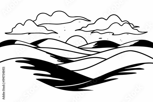 A minimalist black and white vector graphic illustration of a serene landscape with rolling hills and a sunset