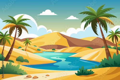 A serene desert oasis with palm trees and a winding river under a blue sky