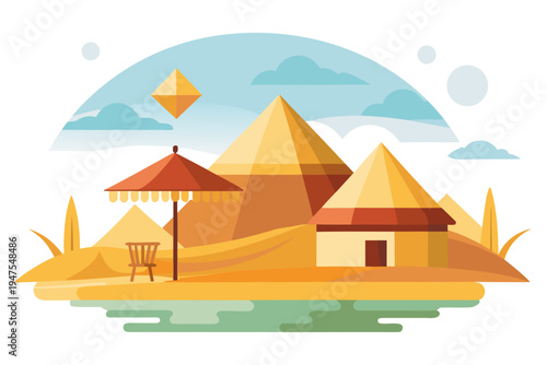 A colorful vector illustration of pyramids and a house near a body of water with a kite flying overhead