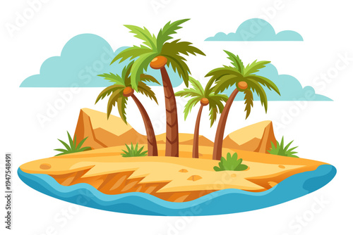 A colorful cartoon illustration of a tropical island with palm trees and rocky shores