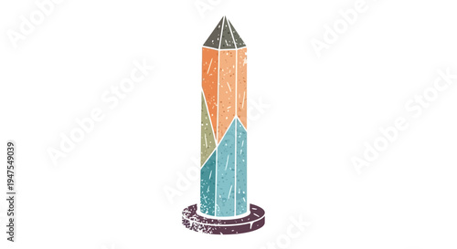Geometric crystal obelisk, abstract design, pastel colors, textured background.