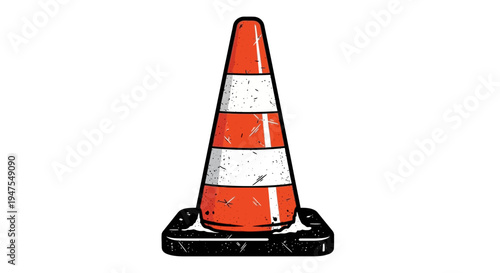 Orange traffic cone with white stripes, isolated on white background