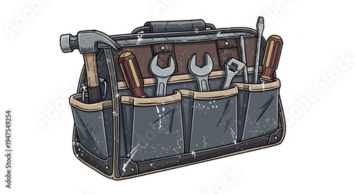 Toolbox with tools, including hammer, wrenches, screwdriver, and pliers