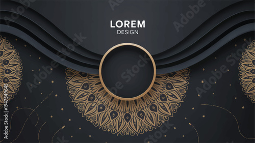 A luxurious dark navy blue background with gold mandala design and Lorem text on a decorative template for design purposes