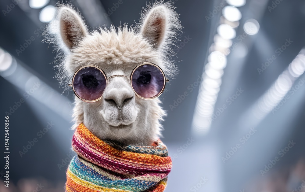 Obraz premium Stylish Alpaca with Sunglasses and Colorful Scarf