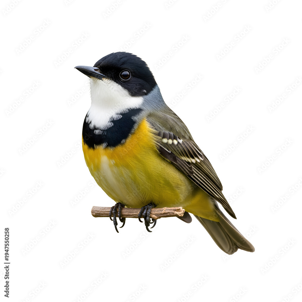 Naklejka premium A small yellow and black bird perched on a branch.