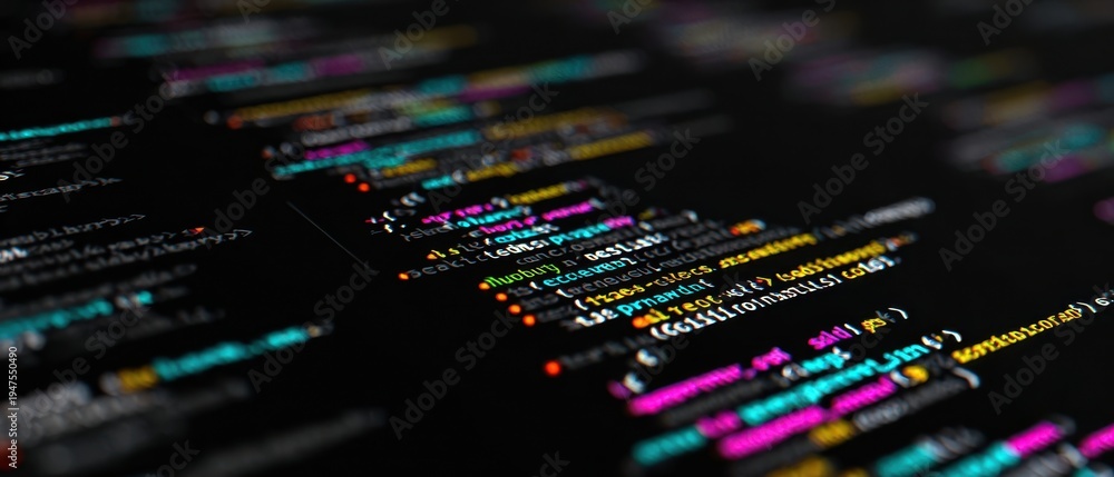 Obraz premium The Code on a Dark Computer Screen with Colorful Syntax Highlighting and Shallow Depth
