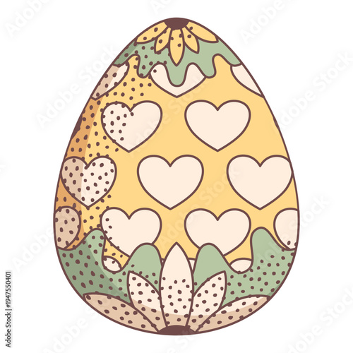 Easter egg illustration with vintage heart patterns and rustic floral ornaments