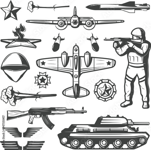 Vector illustration set of different guns and military weapons isolated on a white background