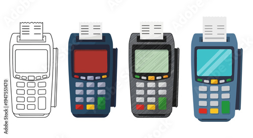 Set of four payment terminals, credit card machines, and point of sale devices in different styles and colors for transactions