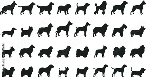 Collection of various dog breeds in profile silhouettes vector graphic illustration