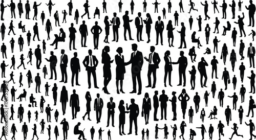 Diverse collection of business professionals in various poses and outfits in a vector graphic illustration