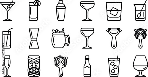 Various cocktail glasses and bar tools in a vector graphic illustration for mixology and drink preparation designs