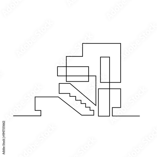 Continuous Line Drawing of Modern Abstract Building with Staircase.