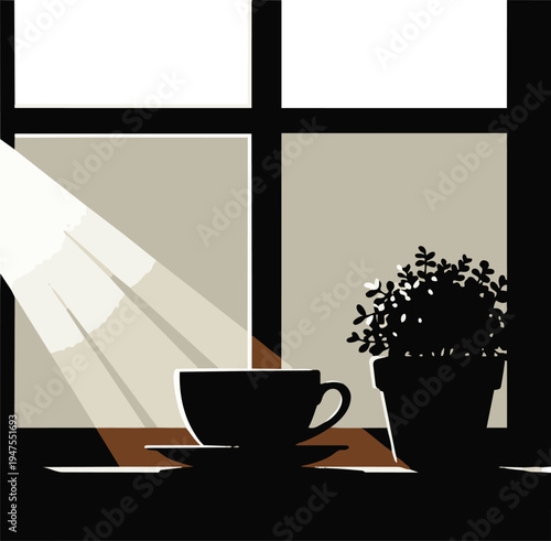 Silhouette of coffee cup and potted plant on windowsill with sunlight