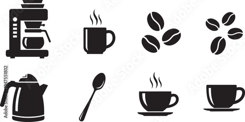 coffee icons including coffee maker kettle beans and cups