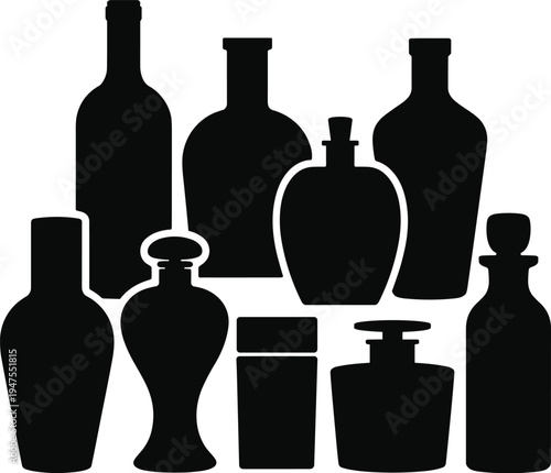 Perfume bottle silhouette collection cosmetic fragrance container set vintage glass bottles luxury aroma packaging vector isolated illustration design
