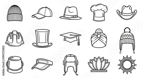 Diverse Headwear Collection Outline Icons of Fashionable Hats, Caps, and Headcoverings for Lifestyle and Apparel Design