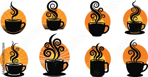 Set of coffee cup icons with steam rising on orange sun background coffee cup icons with steam rising on orange sun background