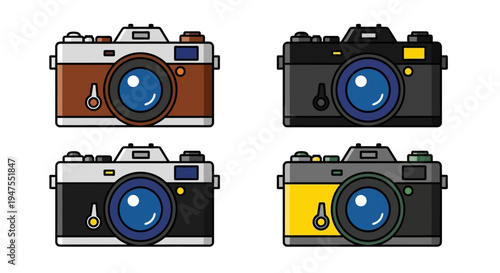 Collection of Four Distinct Vintage Camera Illustrations in Flat Design Style, Perfect for Retro Photography Themes and Digital Art Projects