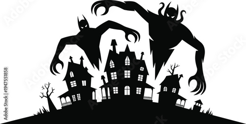 Halloween haunted house silhouette spooky monster ghost town scary horror village dark night illustration vector creepy halloween scene
