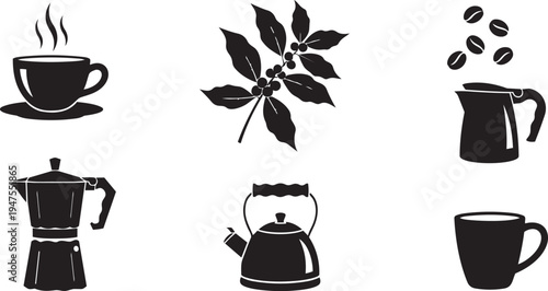 Coffee icons including cups, kettle, coffee beans and coffee maker, hot beverage symbols