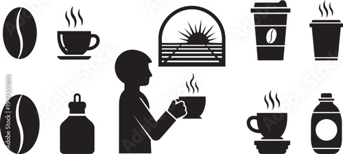 Silhouette of a man drinking coffee with various coffee related icons around him coffee beans cups and bottles