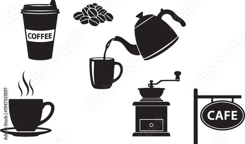Black and white coffee icons set including cups kettle grinder beans and cafe sign coffee icons set