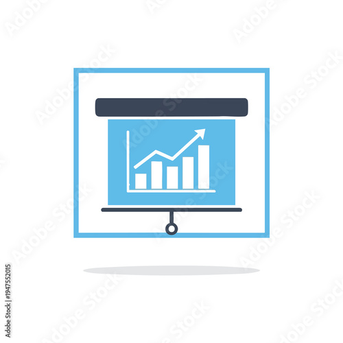 A blue and white projection screen displays a bar graph with an upward trend