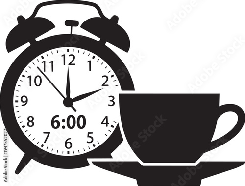 Black silhouette of alarm clock and coffee cup on saucer morning routine
