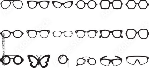 A variety of unique eyeglasses and goggles in vector illustration form