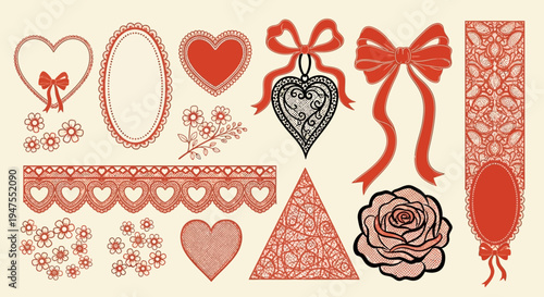 Decorative Lace Elements Hearts, Ribbons, Flowers, and Roses in Vintage Style