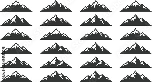 A set of black and white mountain vector graphics with varying peak shapes and sizes in a grid layout design