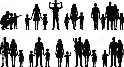 Diverse family silhouettes in various poses and sizes