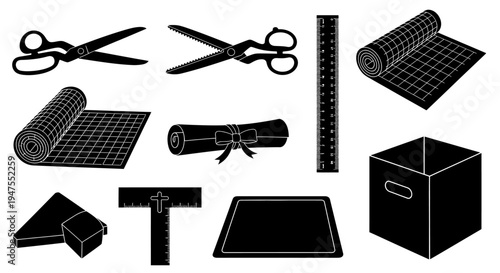 Essential Crafting and Office Supplies Silhouette Collection Scissors, Rulers, Mats, Scroll, and Storage Box Vector Icons