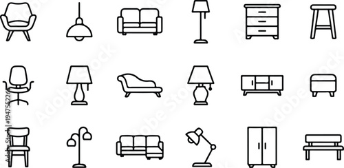 A collection of vector graphic illustrations of various furniture pieces and lamps for home decor and design