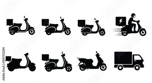 Set of delivery vehicle icons, including scooters and a truck, representing logistics and transportation services