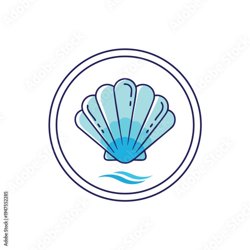 Stylized blue scallop shell with water waves, inside a circular border
