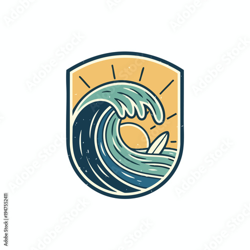 Crest with sun, breaking wave, and surfboard. Crest with sun, breaking wave, and surfboard