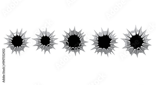 Set of Five Diverse Bullet Hole Designs with Jagged Edges, Depicting Gun Impact and Damage, Isolated on a Clean White Background