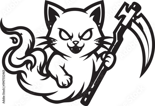 angry cat holding scythe cartoon character design element