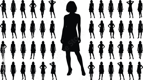 Collection of various black silhouettes of a woman in different poses and outfits in vector graphic design