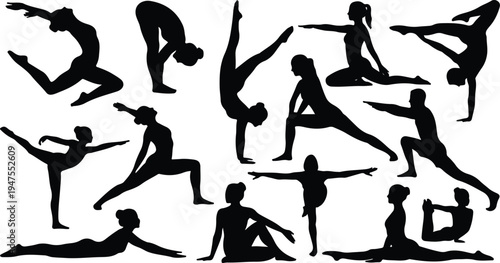 Vector graphic illustration of silhouettes of people performing various yoga poses and stretches in different positions and exercises.